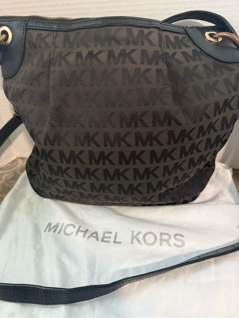 Michael Kors Dark Brown MK Signature Canvas Messenger Bag